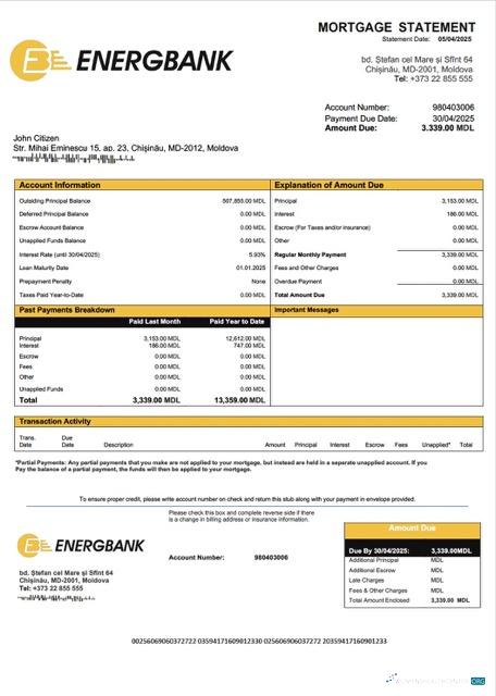 Download Moldova Energbank mortgage statement Word and PDF template Photoshop template